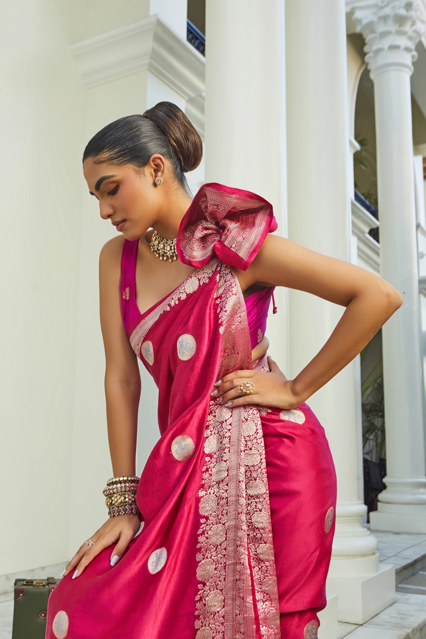 Handwoven Hot Pink Mushro Silk Polka Dots Blue Thread Work Banarasi Saree