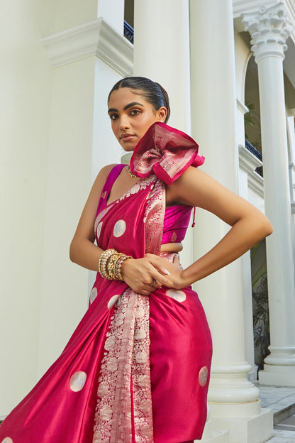 Handwoven Hot Pink Mushro Silk Polka Dots Blue Thread Work Banarasi Saree