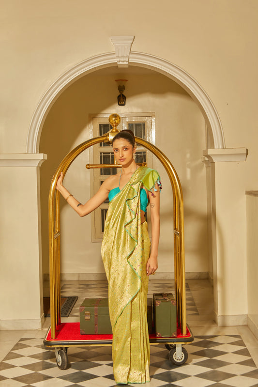 Handwoven Pista Green Katan Silk Brocade Meenakari Saree