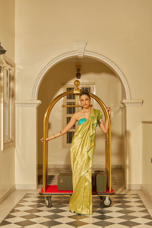 Handwoven Pista Green Katan Silk Brocade Meenakari Saree