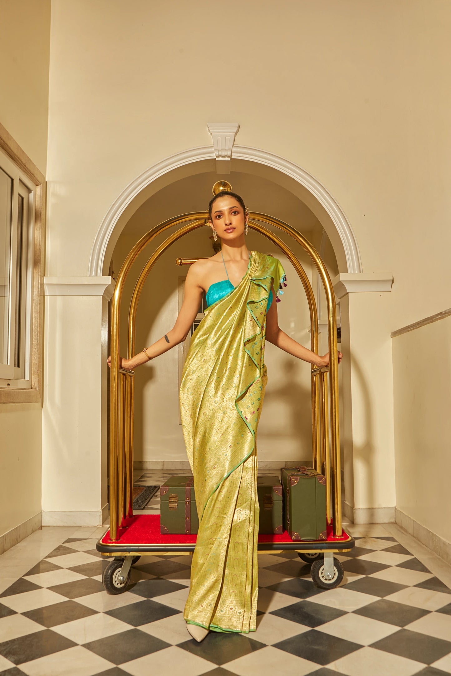 Handwoven Pista Green Katan Silk Brocade Meenakari Saree