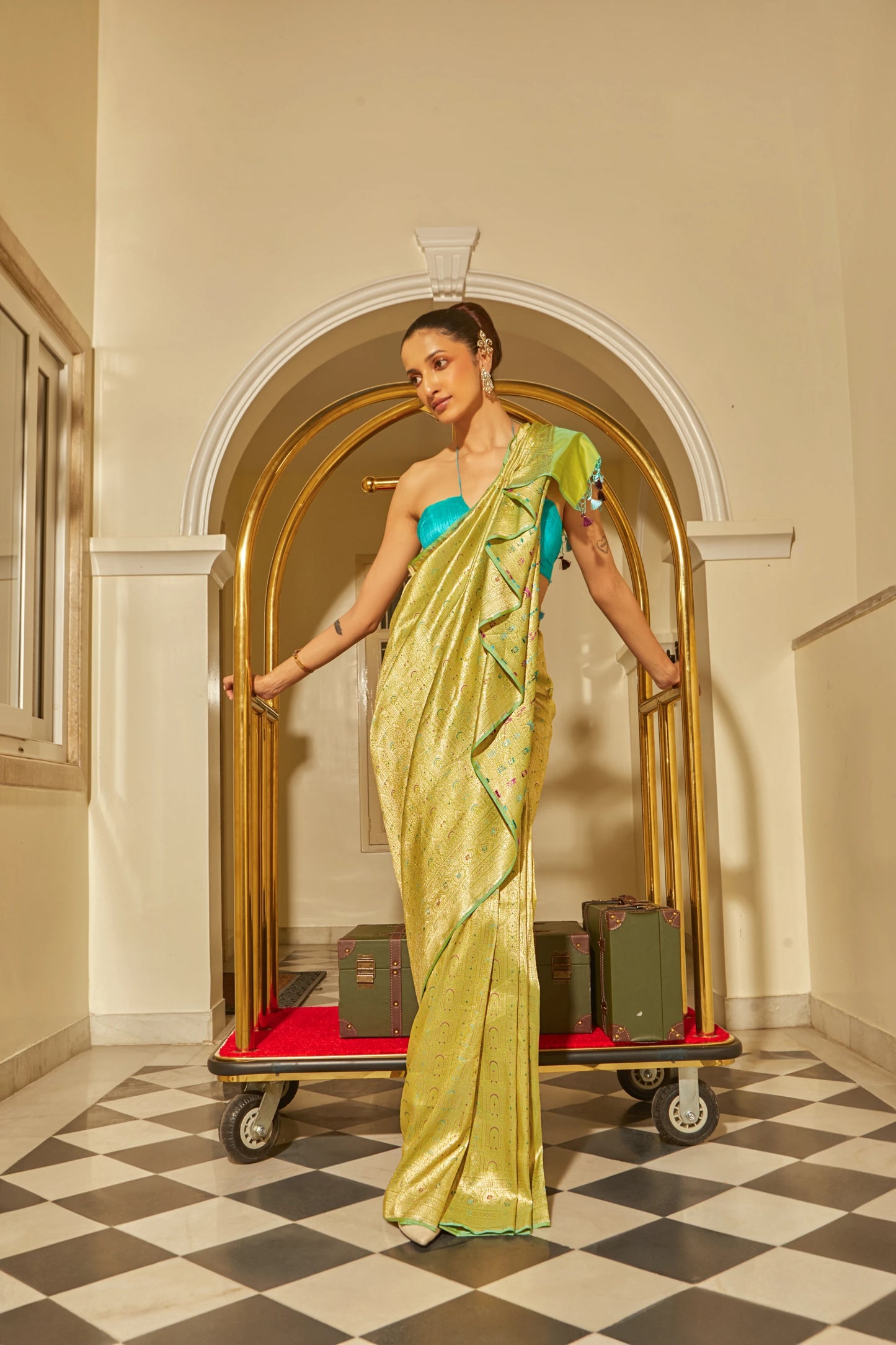 Handwoven Pista Green Katan Silk Brocade Meenakari Saree