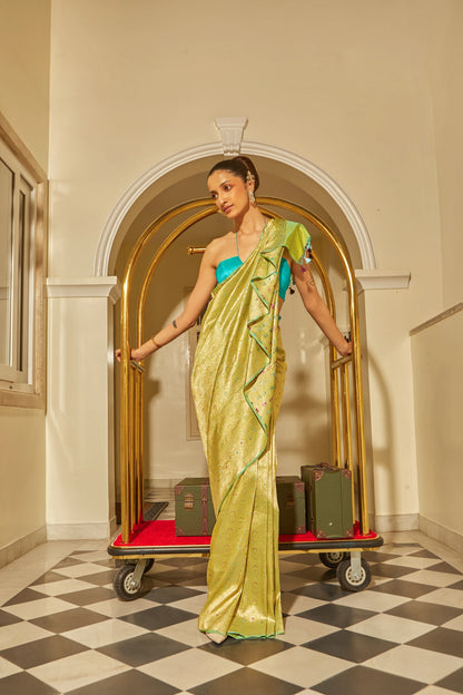 Handwoven Pista Green Katan Silk Brocade Meenakari Saree