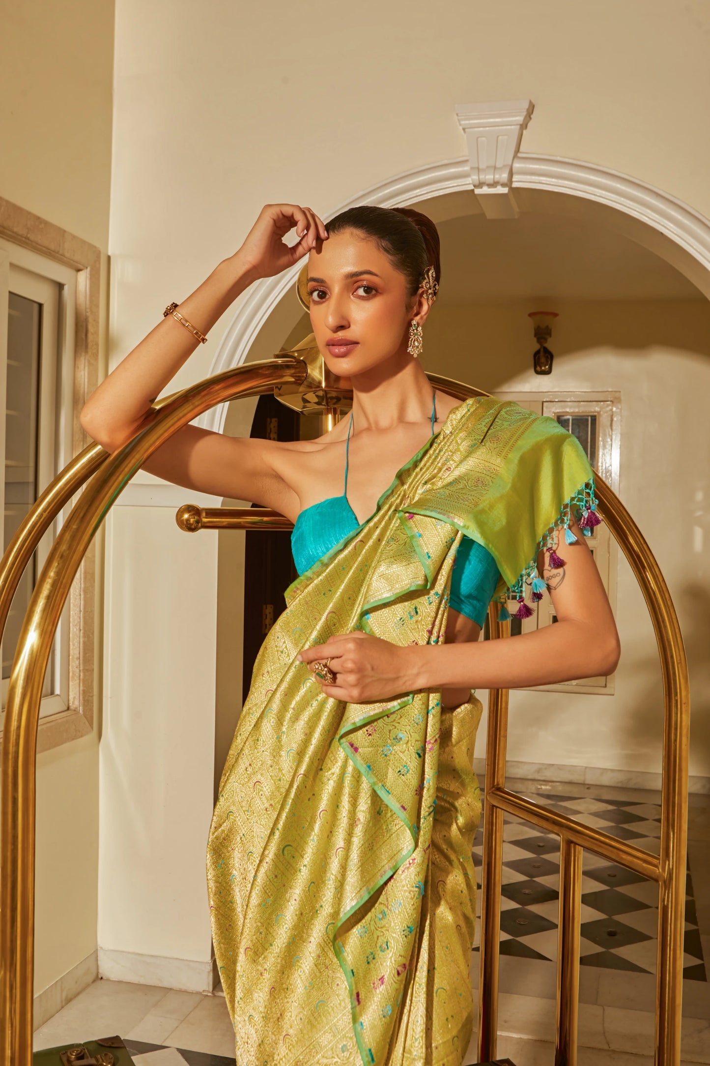 Handwoven Pista Green Katan Silk Brocade Meenakari Saree