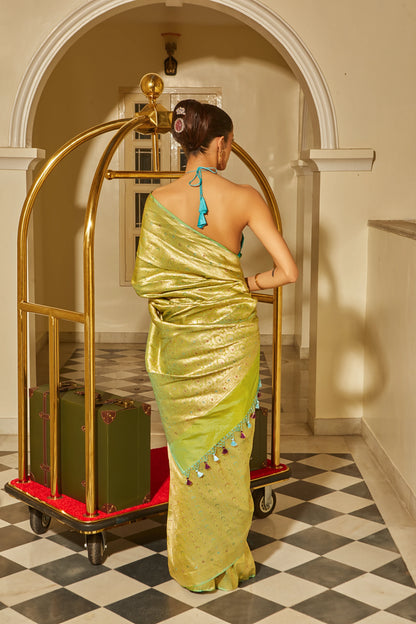 Handwoven Pista Green Katan Silk Brocade Meenakari Saree