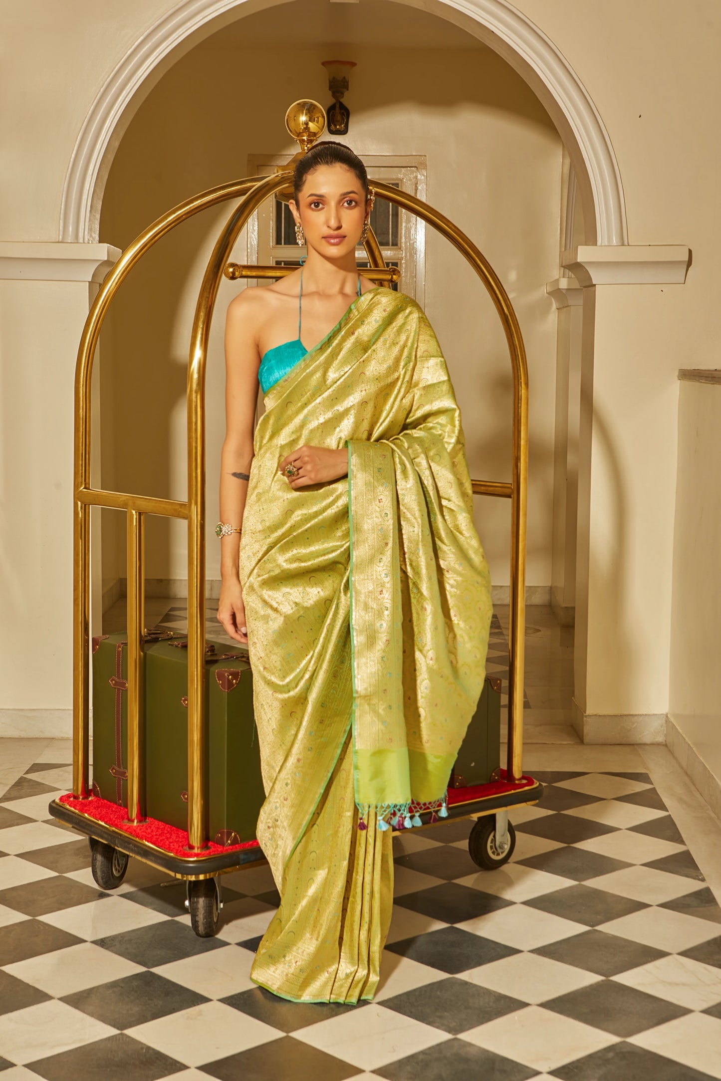 Handwoven Pista Green Katan Silk Brocade Meenakari Saree