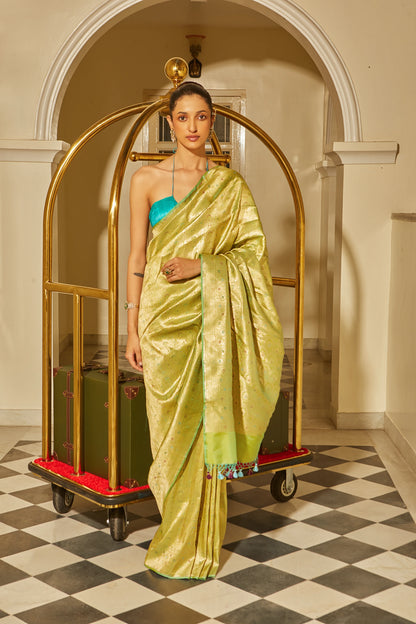 Handwoven Pista Green Katan Silk Brocade Meenakari Saree