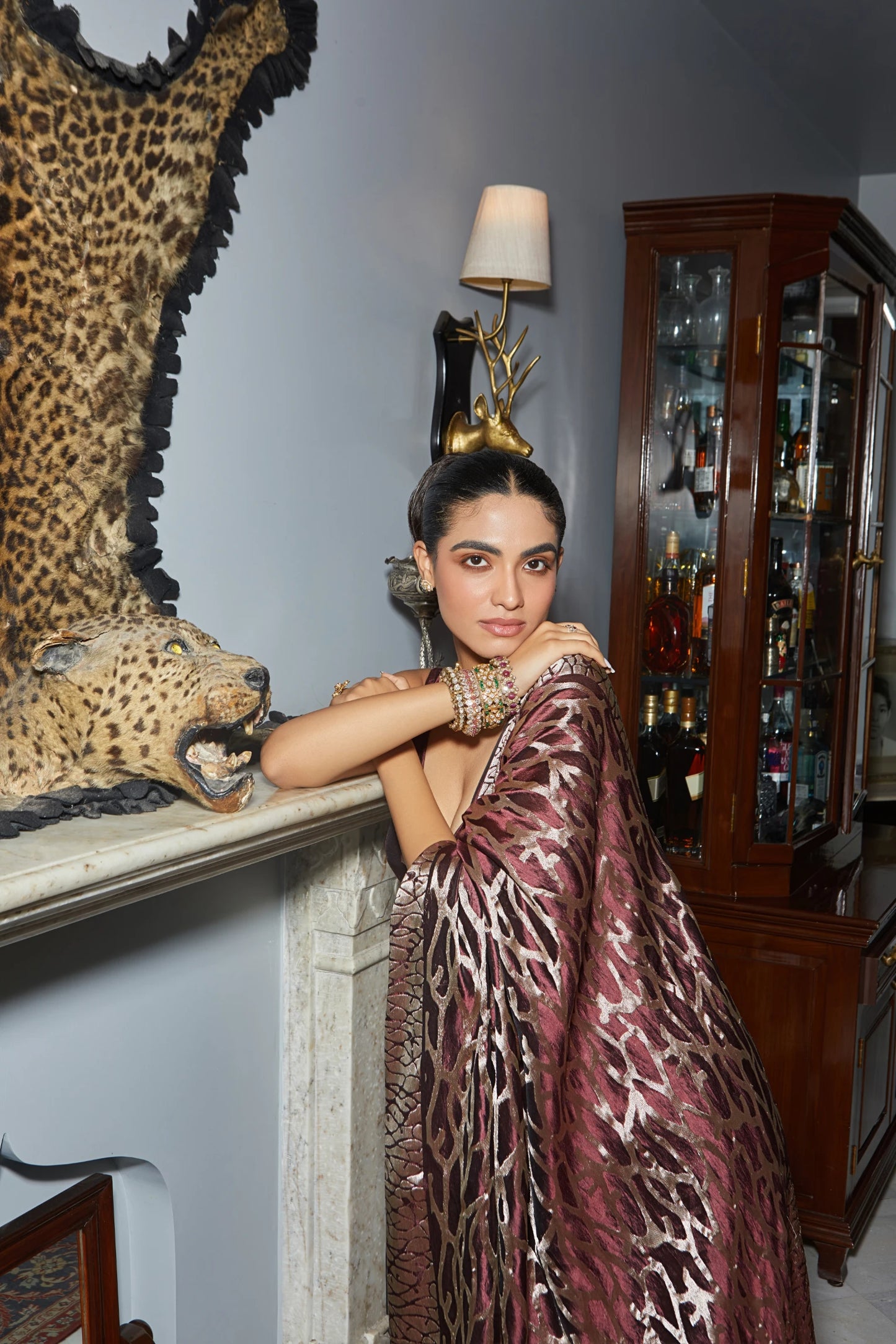 Handwoven Brown Panther Pattern Banarasi Soft Silk Saree