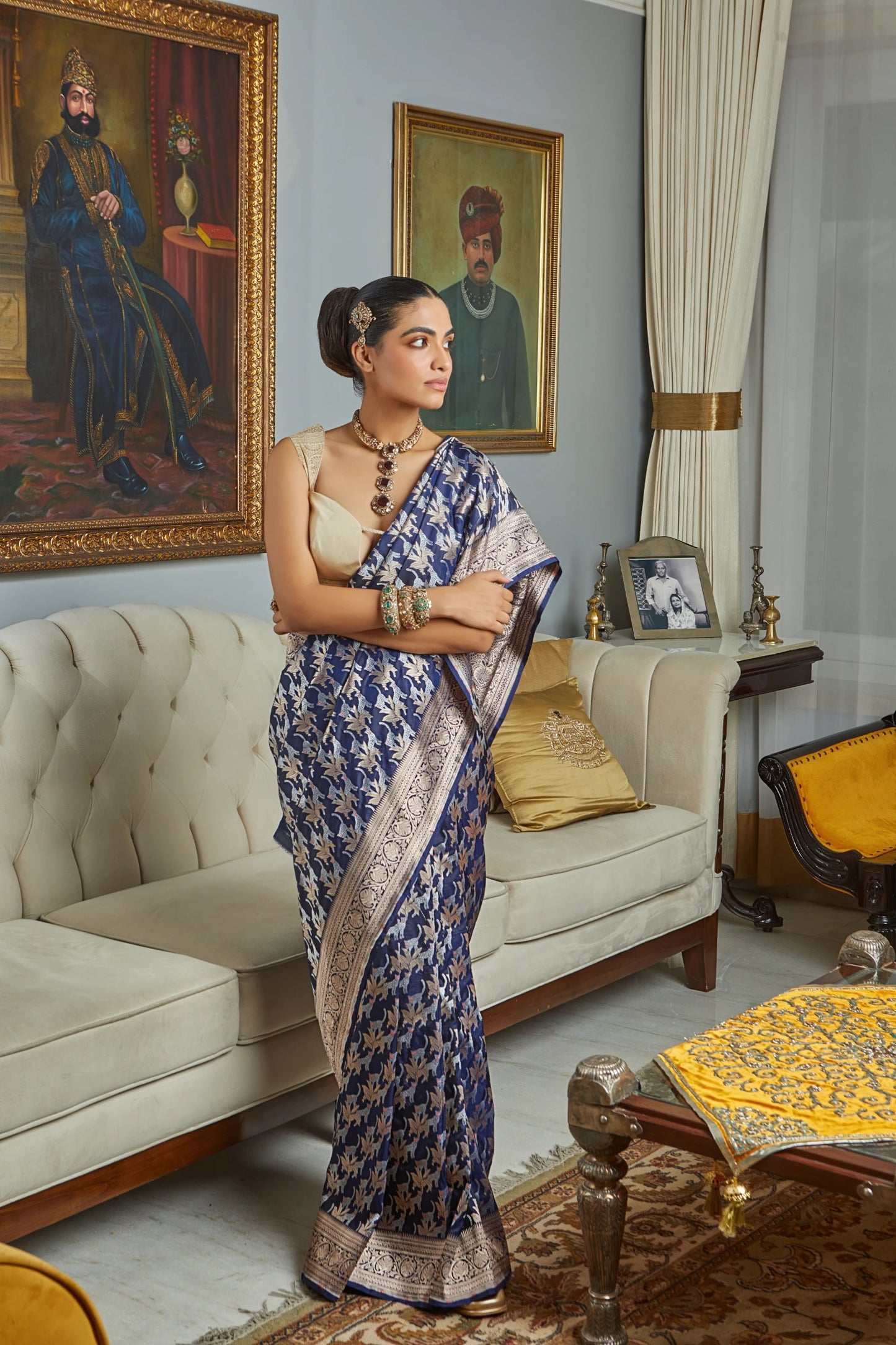 Handwoven Navy Blue Katan Silk Meenakari Shikargah Saree