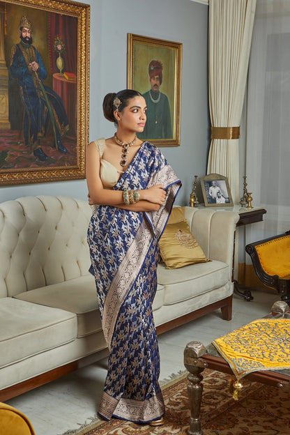 Handwoven Navy Blue Katan Silk Meenakari Shikargah Saree