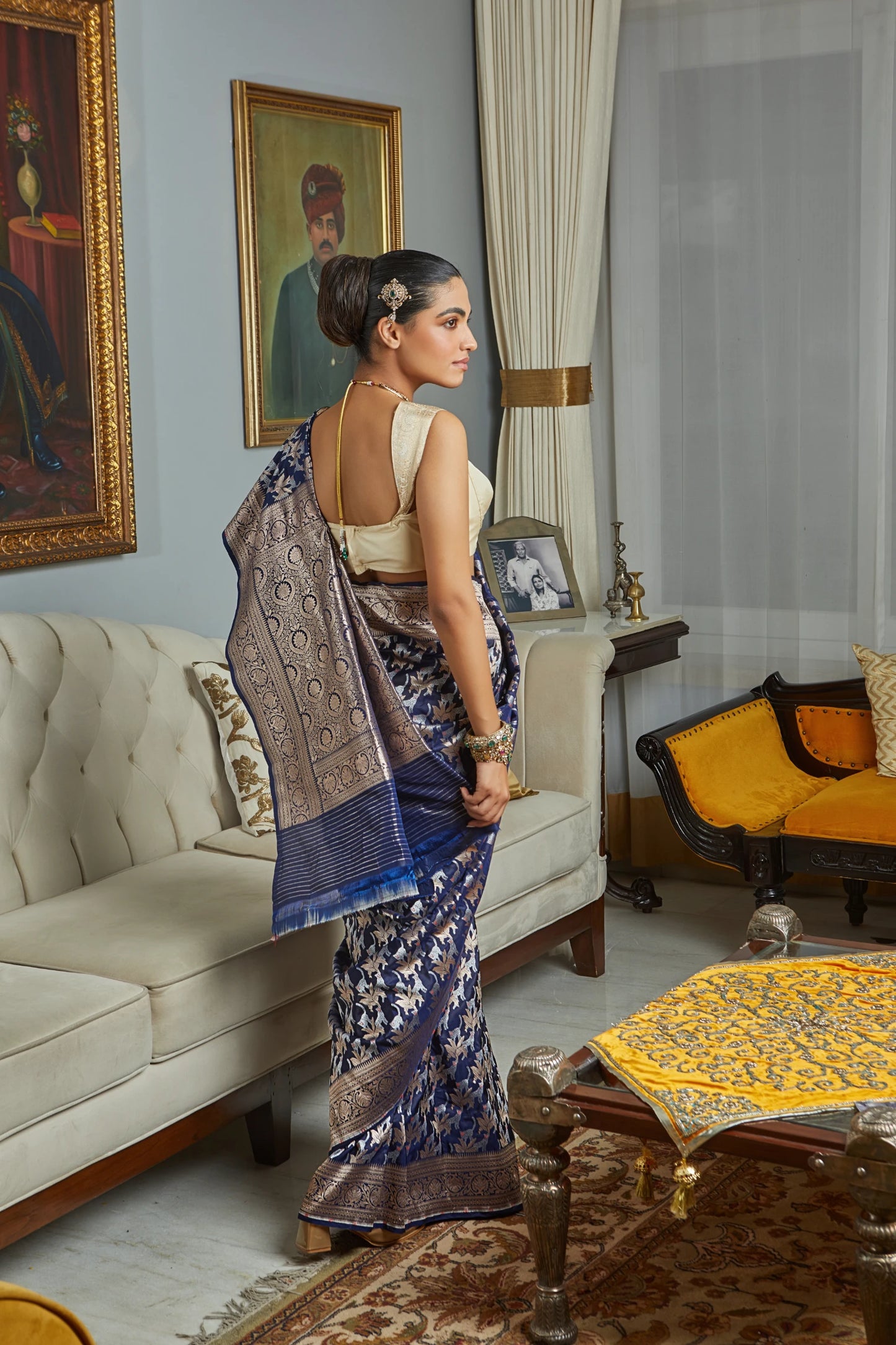 Handwoven Navy Blue Katan Silk Meenakari Shikargah Saree