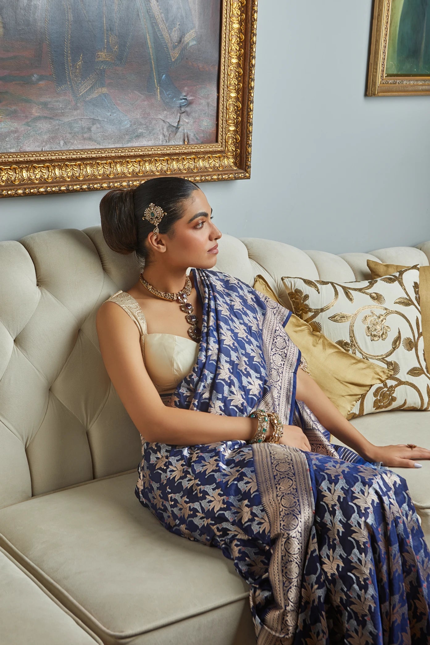 Handwoven Navy Blue Katan Silk Meenakari Shikargah Saree