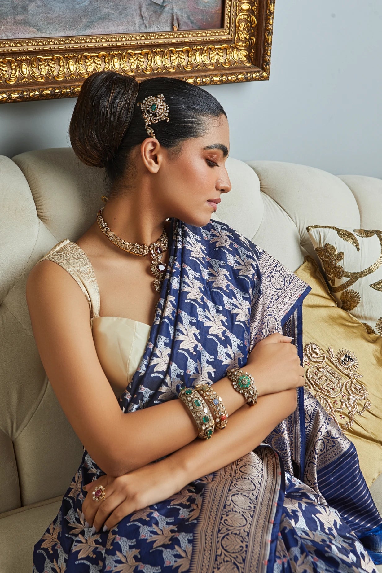 Handwoven Navy Blue Katan Silk Meenakari Shikargah Saree