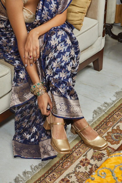 Handwoven Navy Blue Katan Silk Meenakari Shikargah Saree