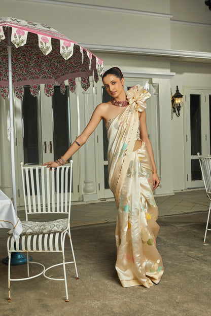 Handwoven Beige Soft Silk Polka Dots Meenaakri Abtsact Banarasi Saree