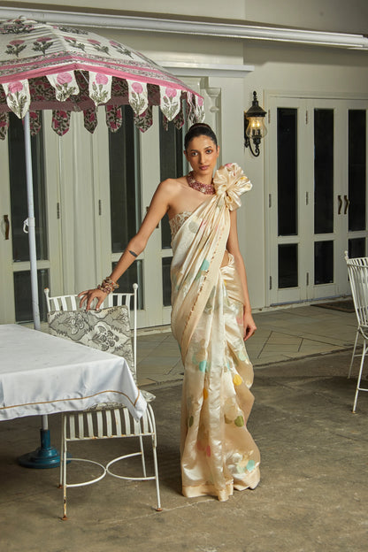 Handwoven Beige Soft Silk Polka Dots Meenaakri Abtsact Banarasi Saree