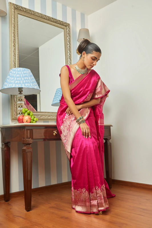 Handwoven Fuschia Pink Plain Body Katan Silk With Floral Border & Pallu Saree
