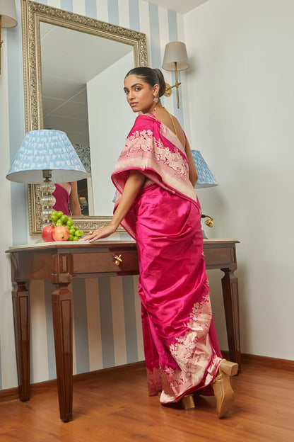 Handwoven Fuschia Pink Plain Body Katan Silk With Floral Border & Pallu Saree