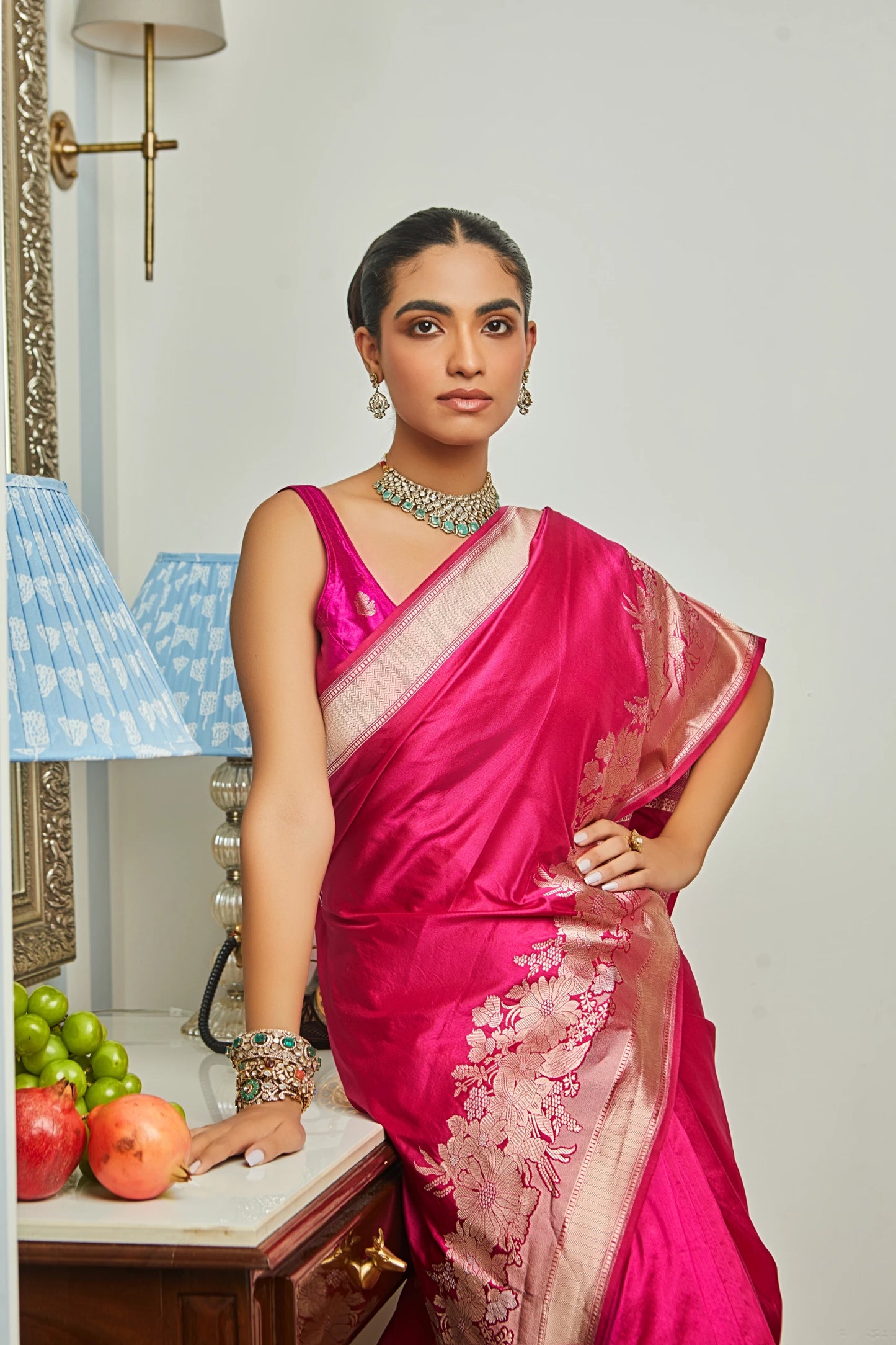 Handwoven Fuschia Pink Plain Body Katan Silk With Floral Border & Pallu Saree