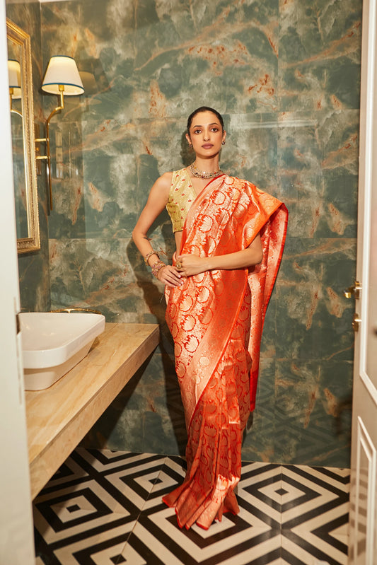 Handwoven Orange Katan Silk Brocade Banarasi Saree