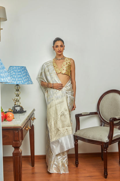 Handwoven Ivory Soft Silk Meenakari Jaal Banarasi Saree