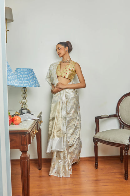 Handwoven Ivory Soft Silk Meenakari Jaal Banarasi Saree