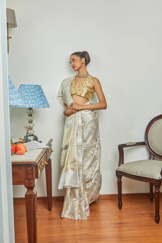 Handwoven Ivory Soft Silk Meenakari Jaal Banarasi Saree