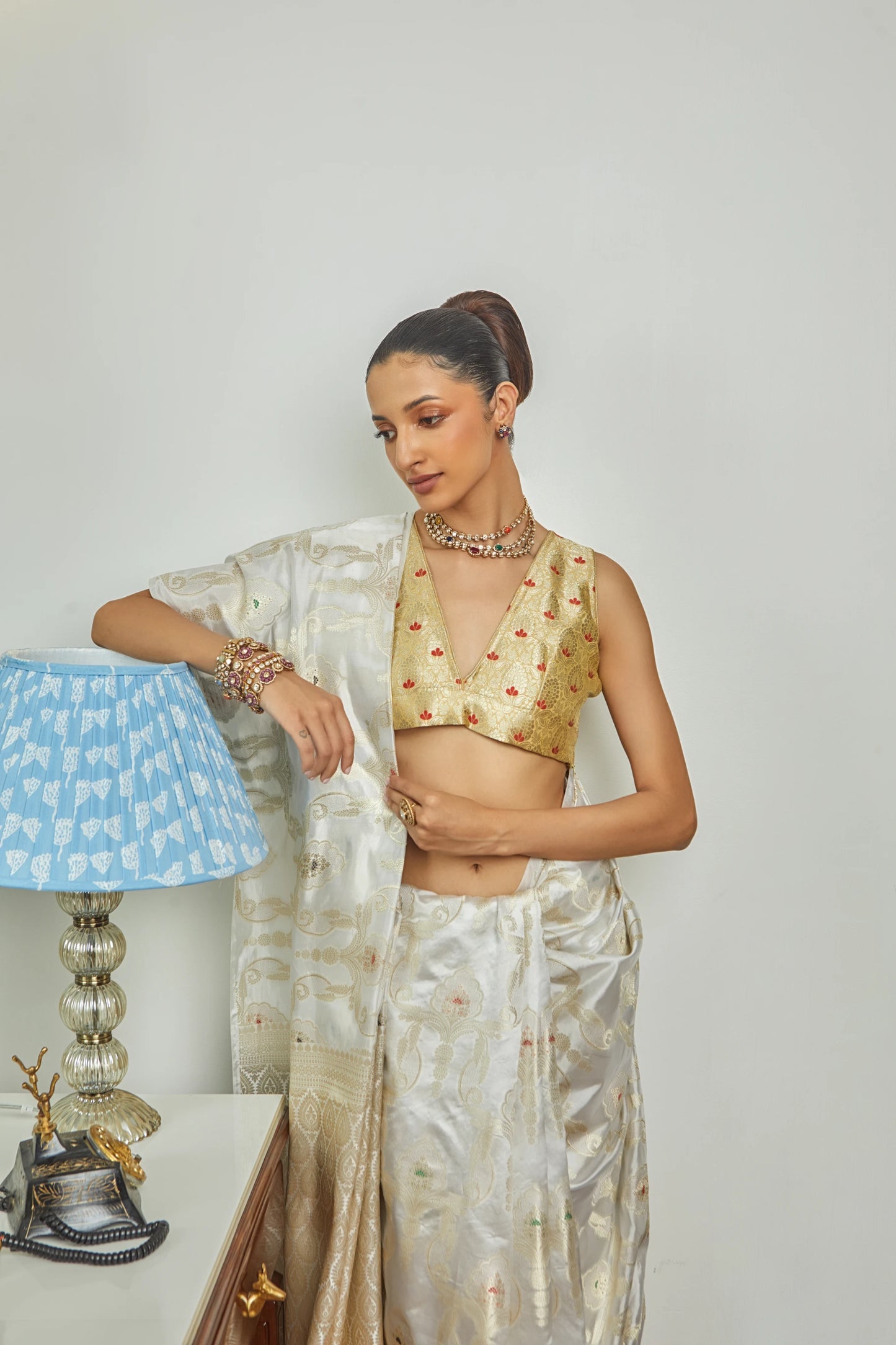 Handwoven Ivory Soft Silk Meenakari Jaal Banarasi Saree