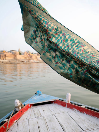 Handwoven Katan Silk Brocade Khimkhab Jaal Meenakari Green Dupatta