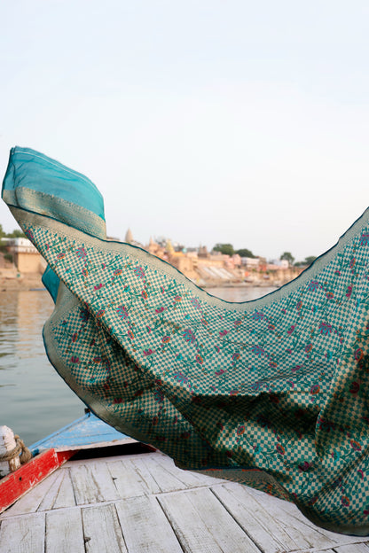 Handwoven Katan Silk Brocade Khimkhab Jaal Meenakari Green Dupatta