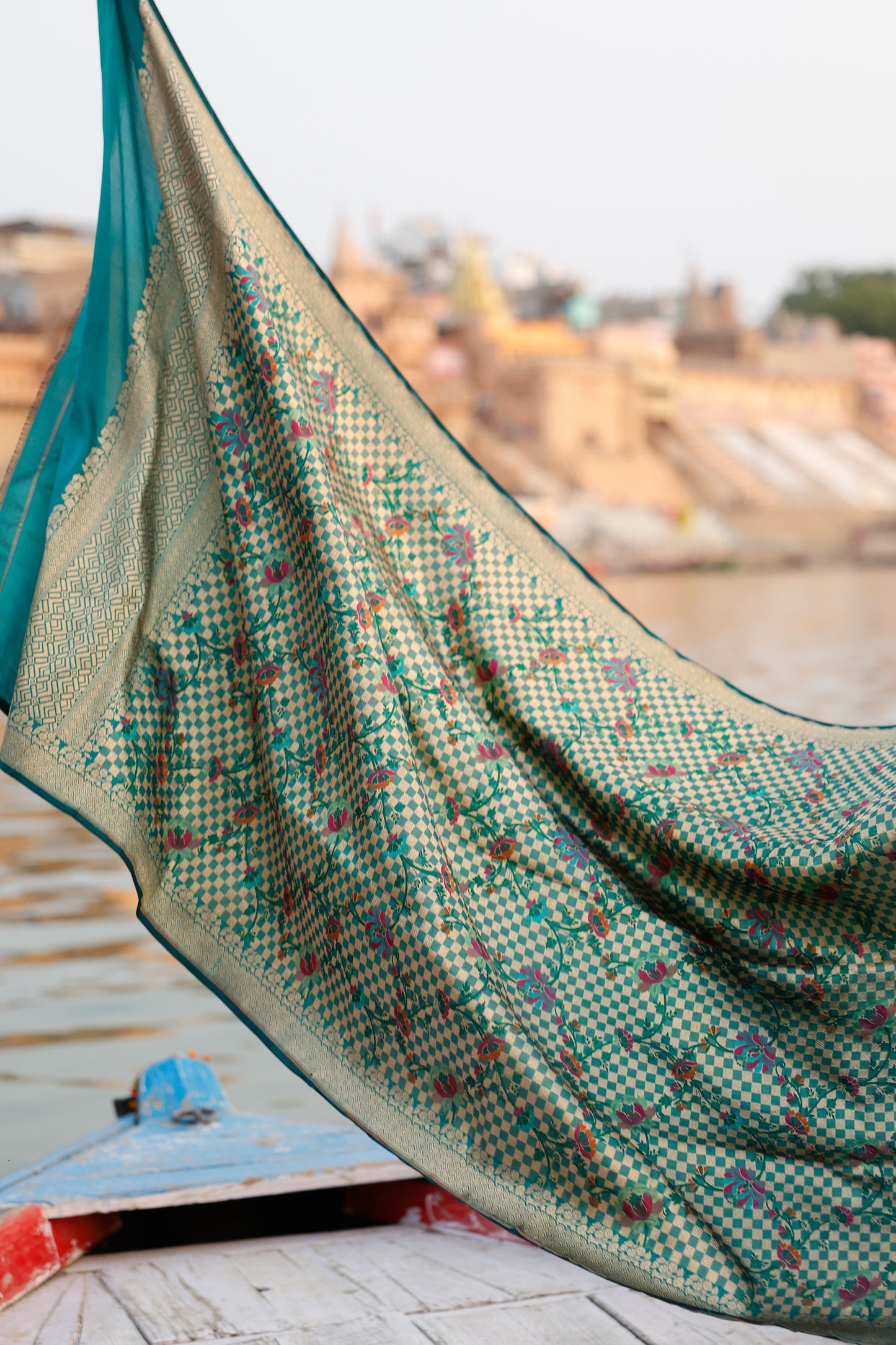 Handwoven Katan Silk Brocade Khimkhab Jaal Meenakari Green Dupatta