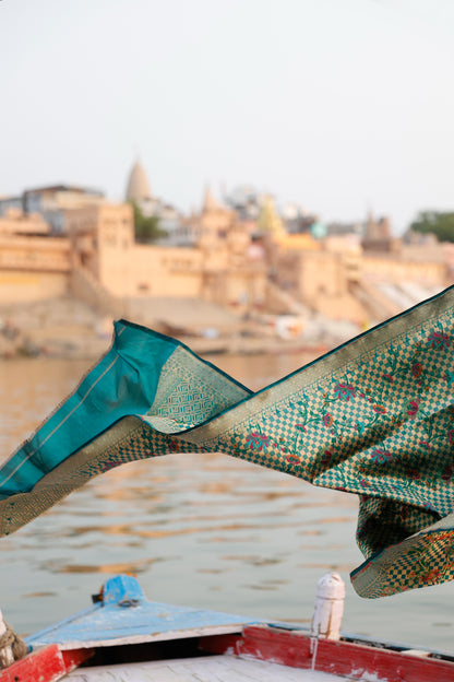 Handwoven Katan Silk Brocade Khimkhab Jaal Meenakari Green Dupatta