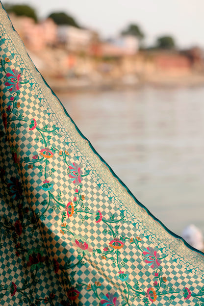 Handwoven Katan Silk Brocade Khimkhab Jaal Meenakari Green Dupatta