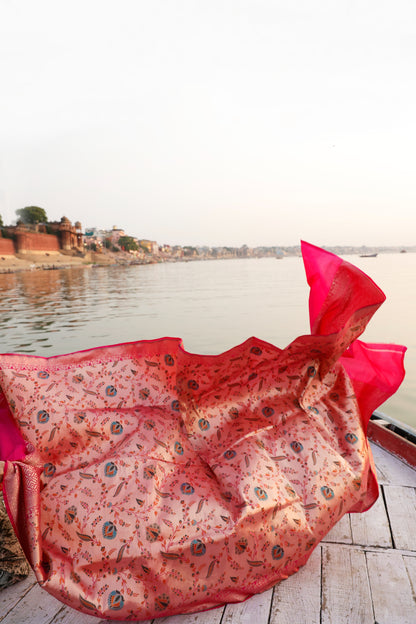 Handwoven Katan Silk Brocade Khimkhab Jaal Meenakari Rose Pink Dupatta