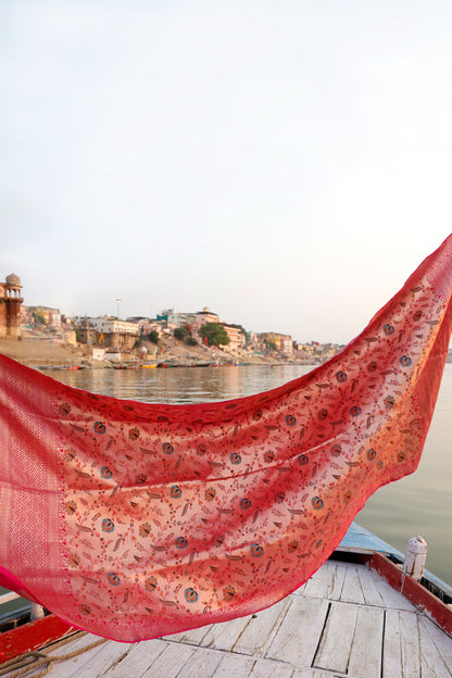 Handwoven Katan Silk Brocade Khimkhab Jaal Meenakari Rose Pink Dupatta