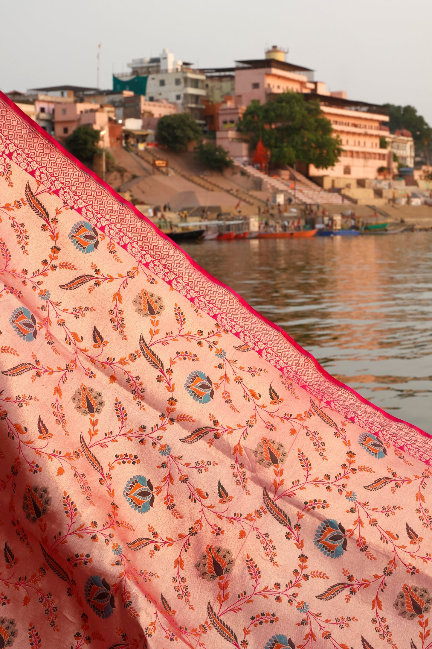 Handwoven Katan Silk Brocade Khimkhab Jaal Meenakari Rose Pink Dupatta