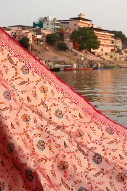 Handwoven Katan Silk Brocade Khimkhab Jaal Meenakari Rose Pink Dupatta