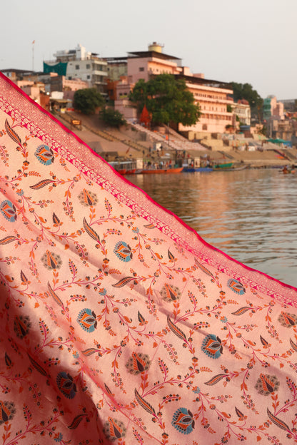 Handwoven Katan Silk Brocade Khimkhab Jaal Meenakari Rose Pink Dupatta