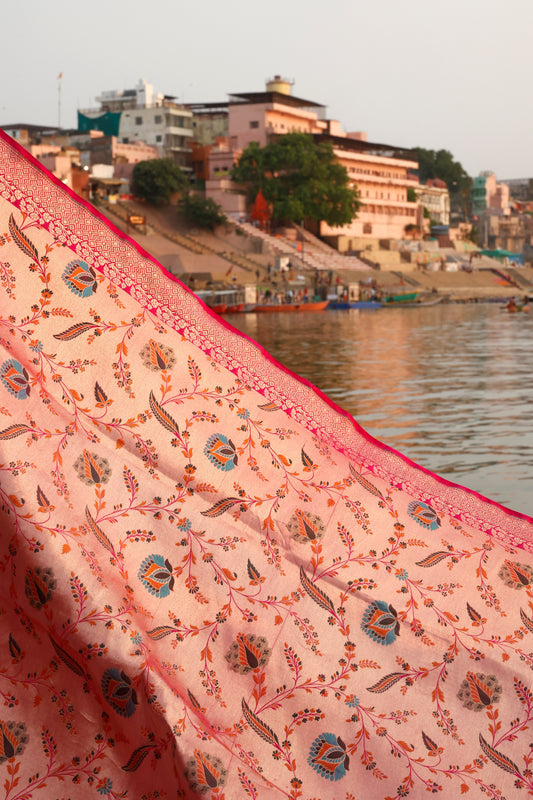 Handwoven Katan Silk Brocade Khimkhab Jaal Meenakari Rose Pink Dupatta