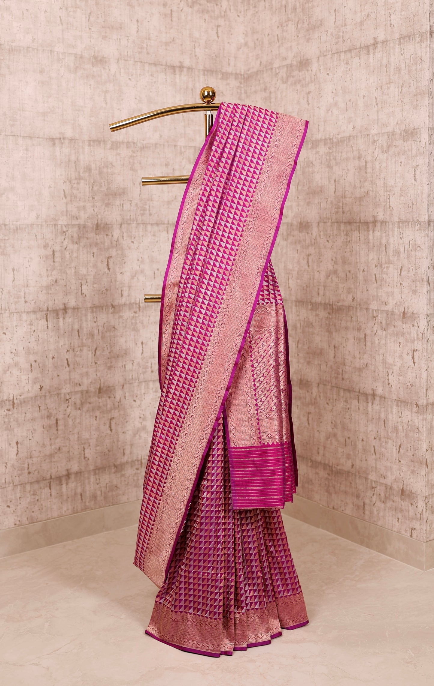 Handwoven Magenta Katan Silk Triangle Banarasi Saree