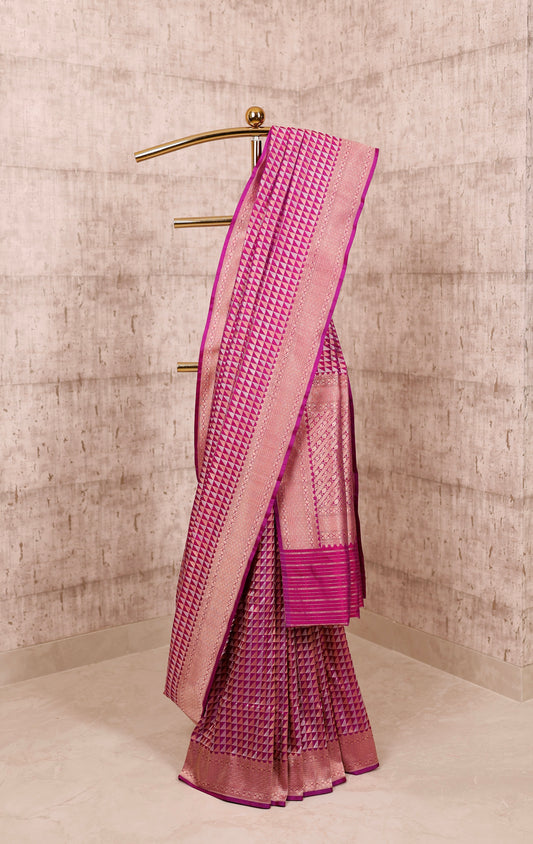 Handwoven Magenta Katan Silk Triangle Banarasi Saree