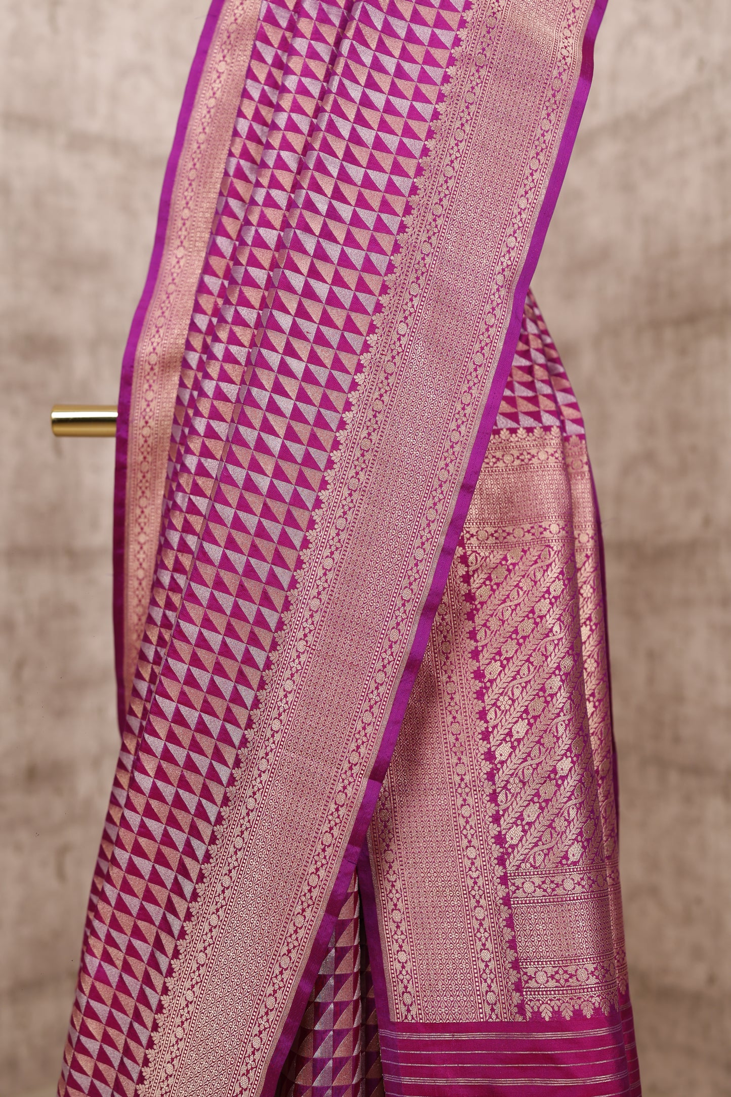 Handwoven Magenta Katan Silk Triangle Banarasi Saree