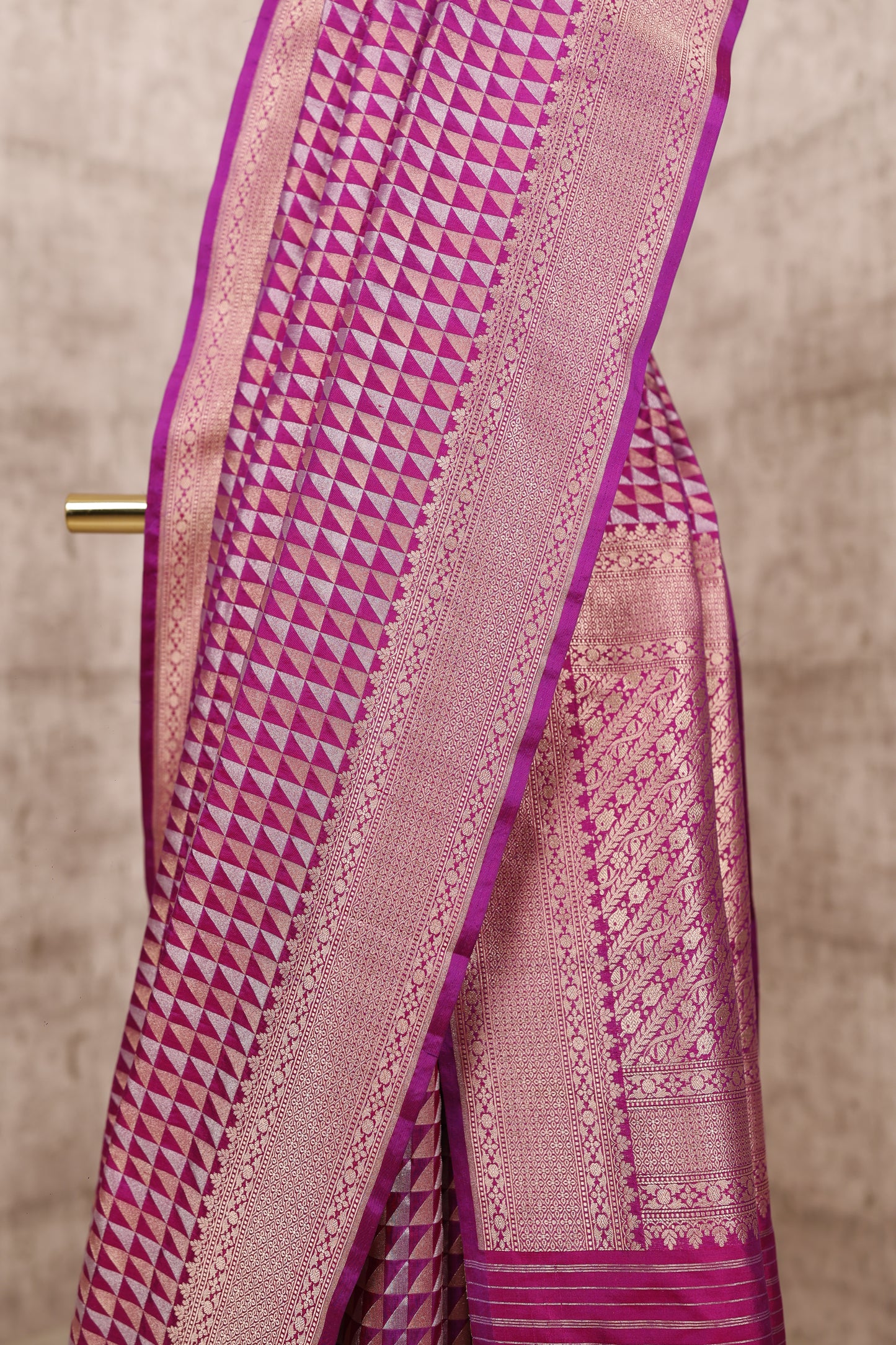 Handwoven Magenta Katan Silk Triangle Banarasi Saree