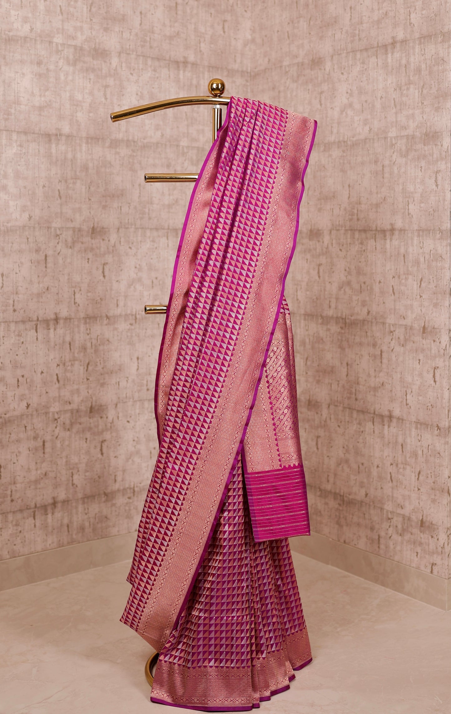 Handwoven Magenta Katan Silk Triangle Banarasi Saree