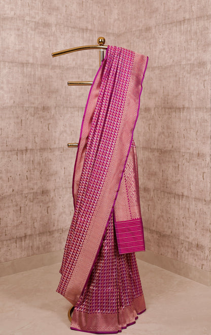 Handwoven Magenta Katan Silk Triangle Banarasi Saree