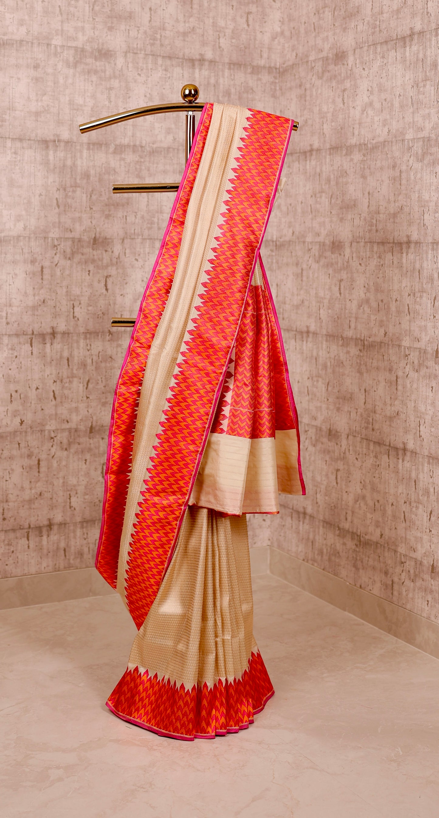 Handwoven Ivory & Orange Silk Tanchoi Banarasi Saree