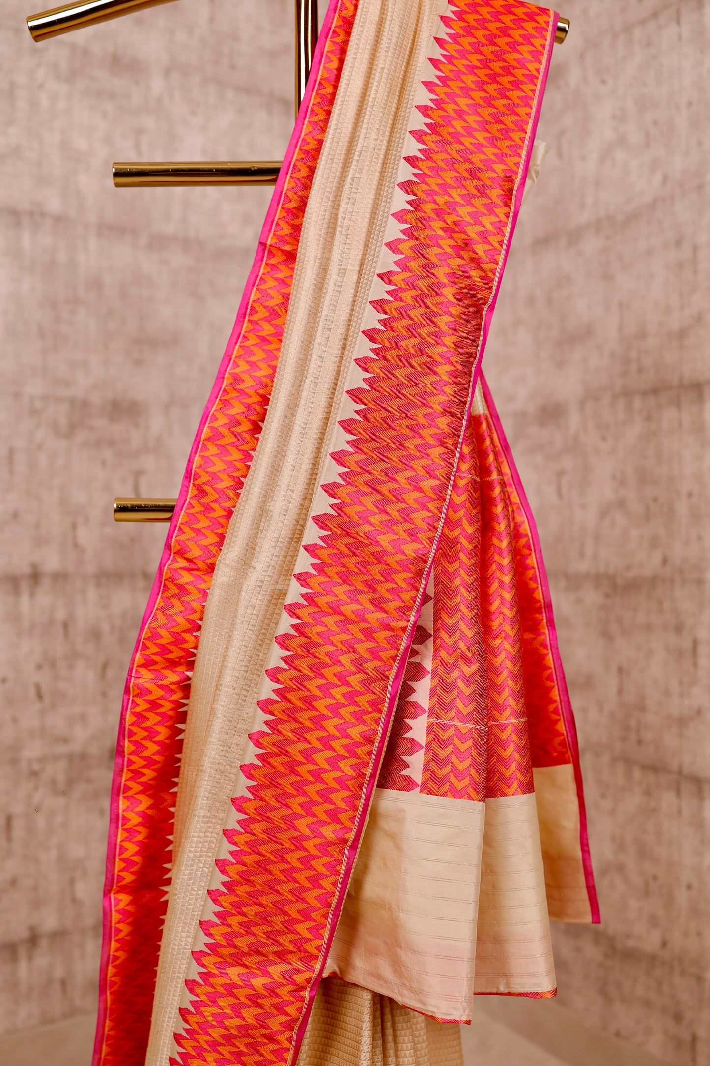 Handwoven Ivory & Orange Silk Tanchoi Banarasi Saree