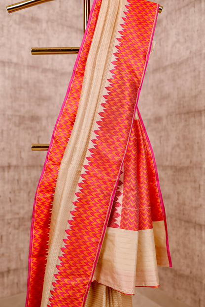 Handwoven Ivory & Orange Silk Tanchoi Banarasi Saree