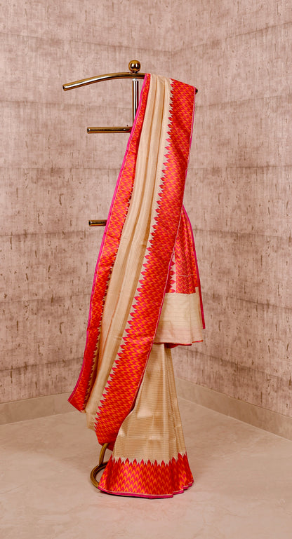 Handwoven Ivory & Orange Silk Tanchoi Banarasi Saree