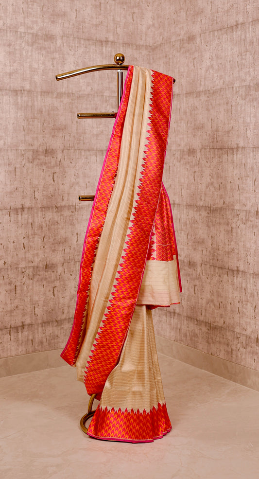 Handwoven Ivory & Orange Silk Tanchoi Banarasi Saree